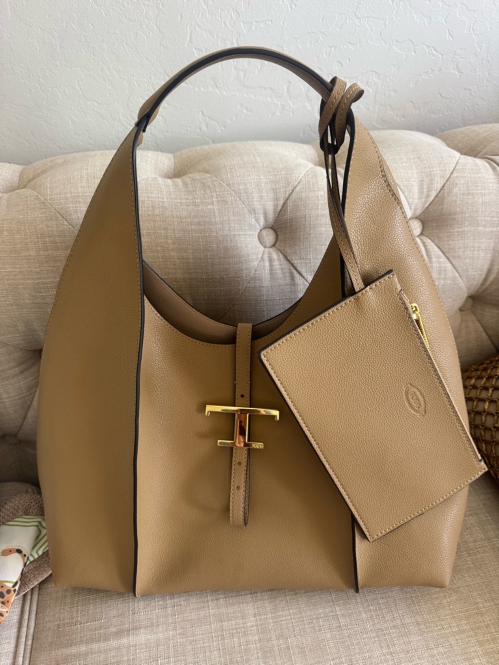 Tan Leather Tote Bag with Gold Hardware